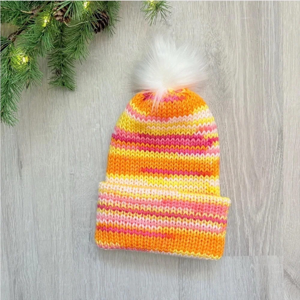 Handmade Knit Winter Beanie Hat Yellow/Orange/Pink